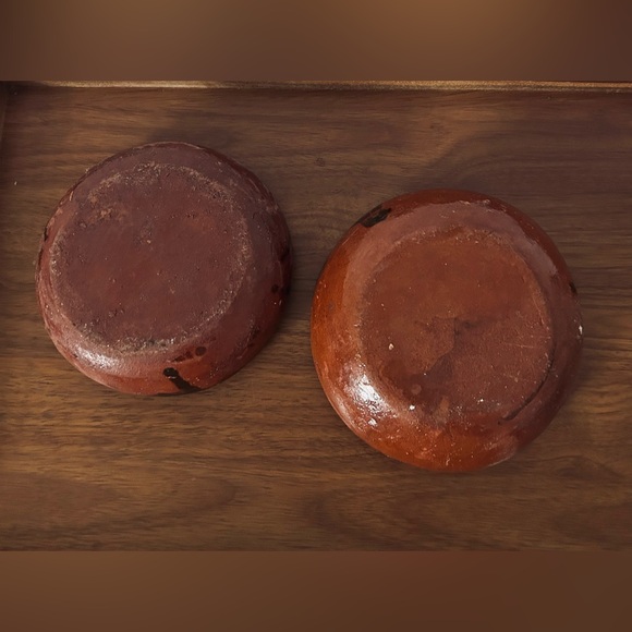 Vintage 2 Mexican Michoacan Patamban Redware Green Swan Glazed Bowl Folk Art - Picture 5 of 5